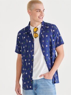 Coca-Cola x AERO Button Front Shirt M Blue Peace Sign Cactus Print - Unisex
